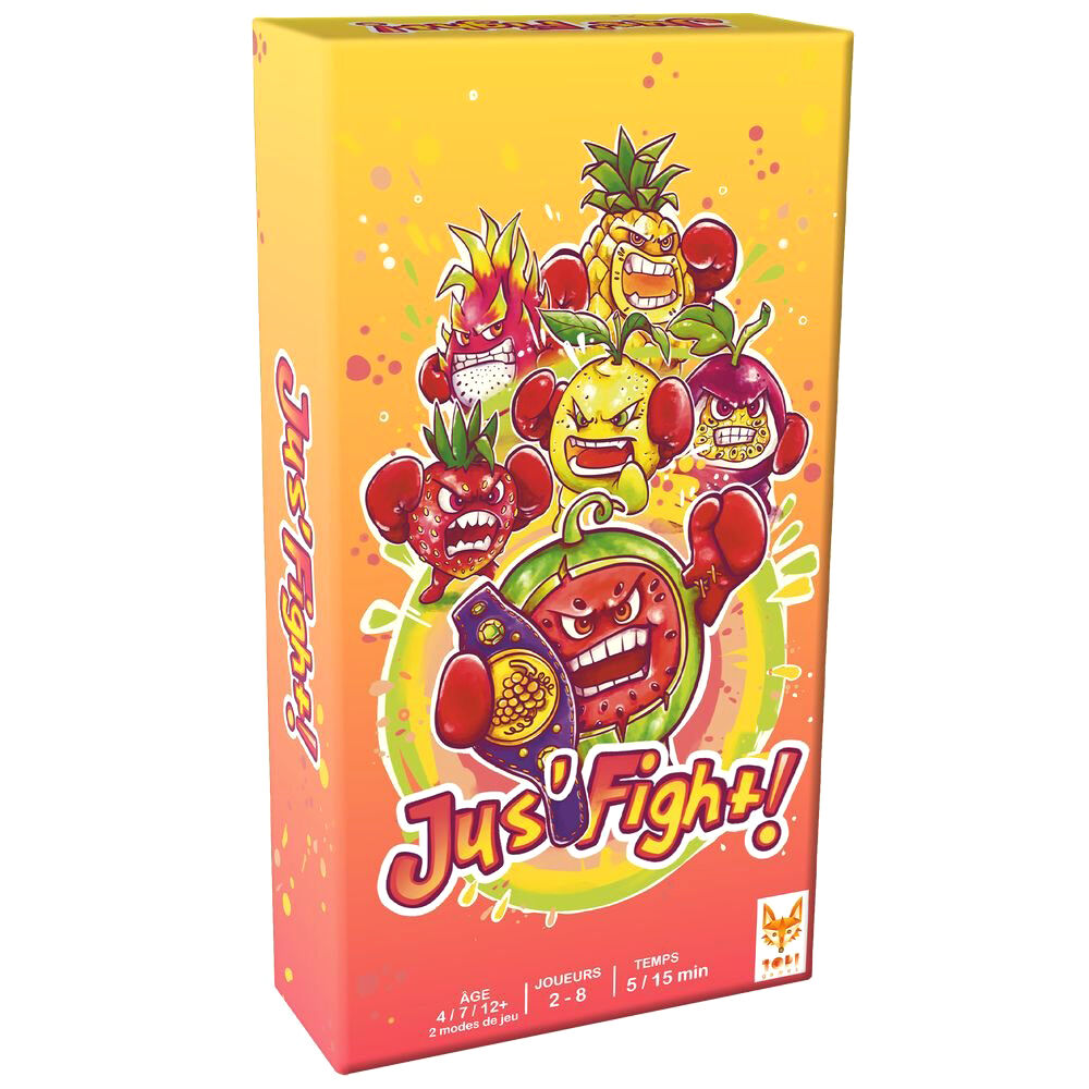 Caja del juego de mesa Jus Fight! con personajes de frutas