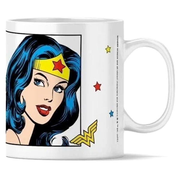 Taza blanca de Wonder Woman DC Comics con ilustración de cómic