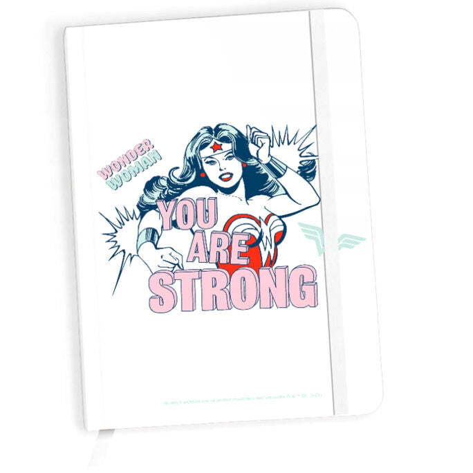 Cuaderno blanco de Wonder Woman DC Comics con mensaje You are strong