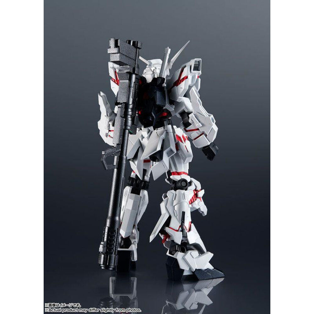 Figura RX-0 Unicorn Gundam blanca con detalles rojos y efecto de energía rosa - 2