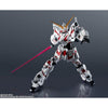 Figura RX-0 Unicorn Gundam blanca con detalles rojos y efecto de energía rosa