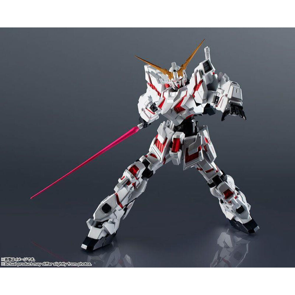 Figura RX-0 Unicorn Gundam blanca con detalles rojos y efecto de energía rosa - 7