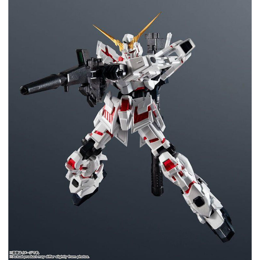 Figura RX-0 Unicorn Gundam blanca con detalles rojos y efecto de energía rosa - 9