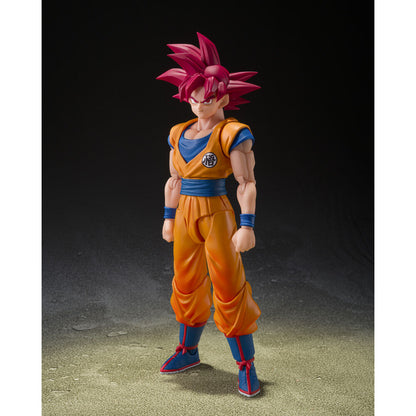 Figura S.H.Figuarts de Son Goku Super Saiyan God con traje naranja y cabello rojo