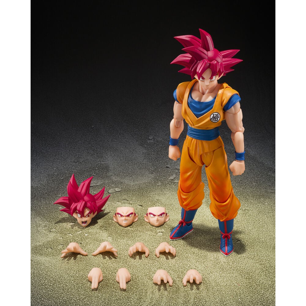 Figura S.H.Figuarts de Son Goku Super Saiyan God con traje naranja y cabello rojo - 5