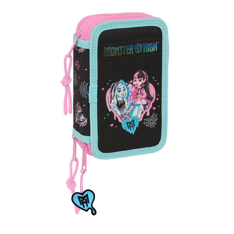 Plumier triple Monster High SAFTA de 37 piezas en rosa, turquesa y negro