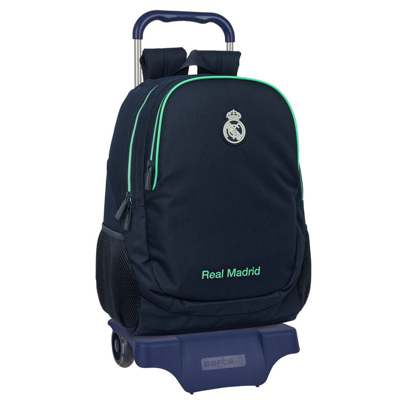 Trolley mochila azul marino del Real Madrid SAFTA con ruedas y detalles verdes