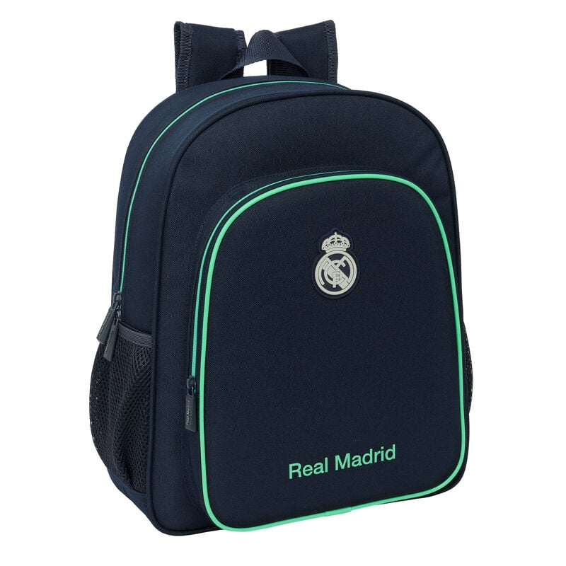 Mochila azul marino del Real Madrid con ribetes verdes y bolsillo frontal