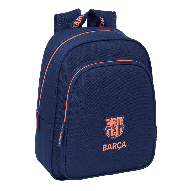Mochila azul marino del F.C. Barcelona con detalles naranjas y escudo del Barça