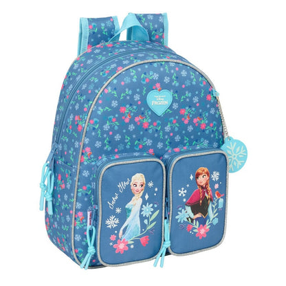 Mochila Frozen Disney azul con Elsa y Anna, bolsillos frontales y estampado floral