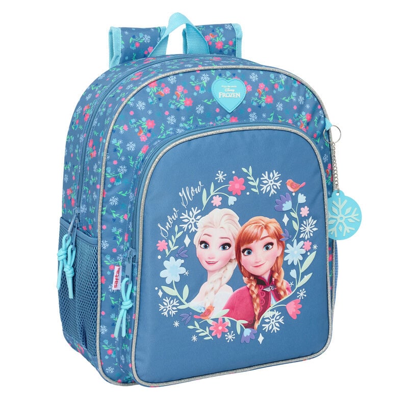 Mochila Frozen Disney azul con Elsa y Anna, flores y copos de nieve