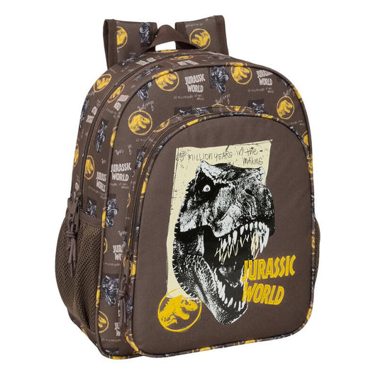 Mochila SAFTA Jurassic World marrón con dinosaurio y bolsillos laterales