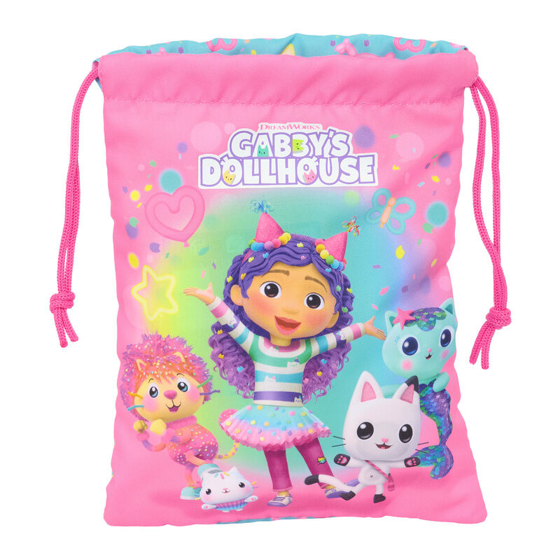Saco de merienda rosa de La Casa de Muñecas de Gabby con cierre de cordón
