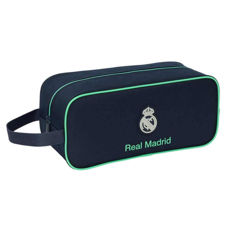 Zapatillero azul marino del Real Madrid con detalles verdes y asa lateral