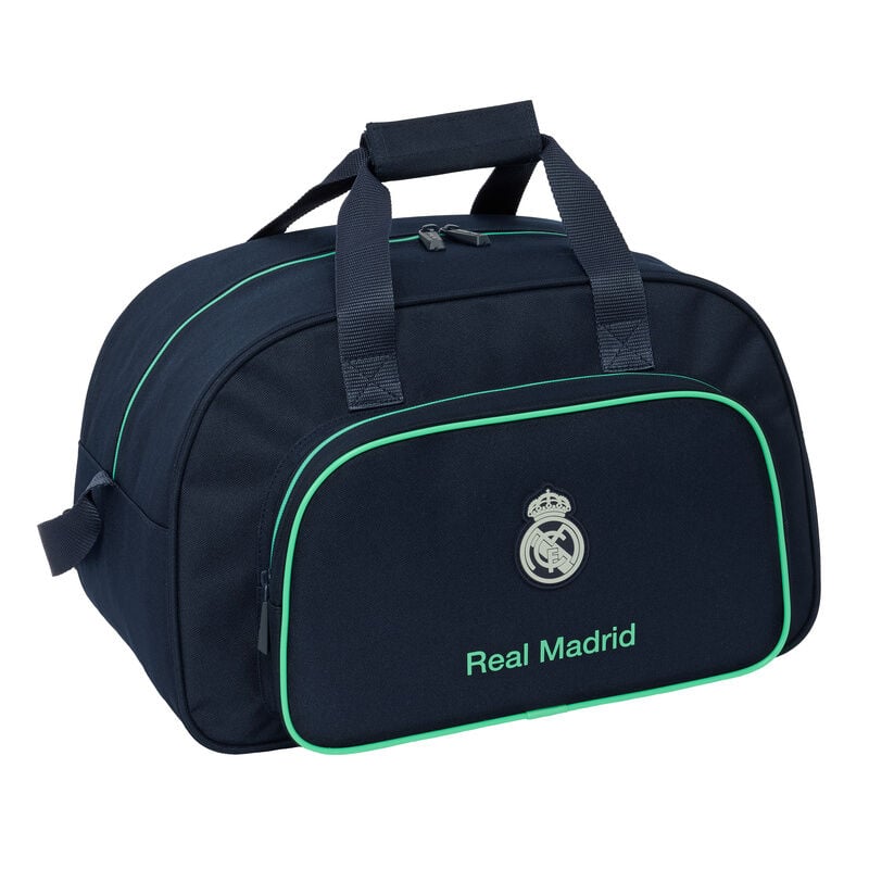 Bolsa de deporte azul marino del Real Madrid con detalles verdes
