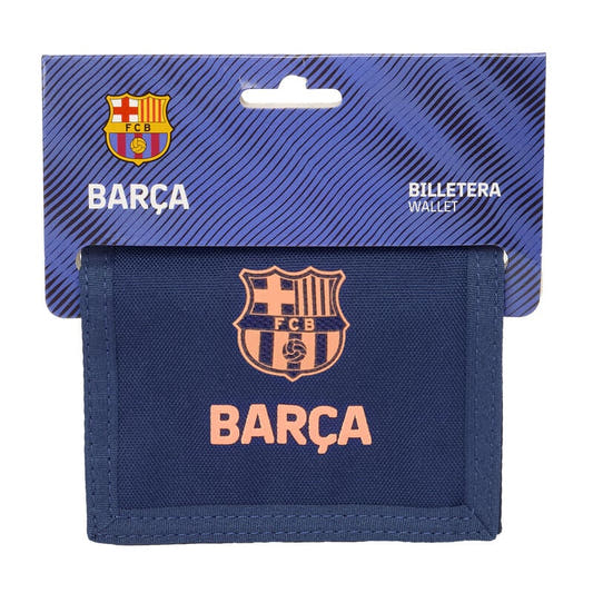 Billetera azul marino del F.C. Barcelona con escudo y texto Barça