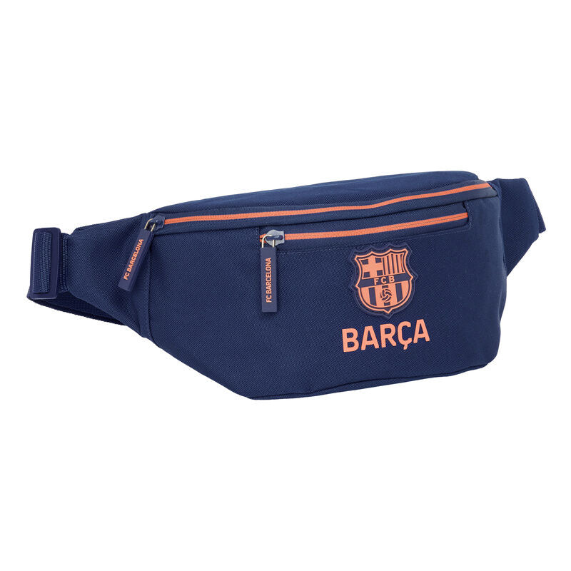 Riñonera azul marino del F.C. Barcelona con escudo y detalles naranjas