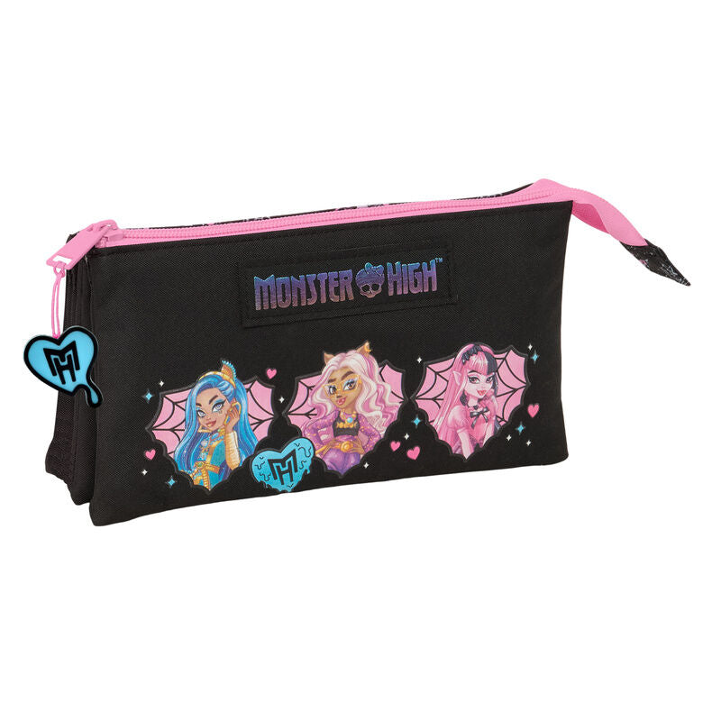 Portatodo triple Monster High negro y rosa con tres compartimentos