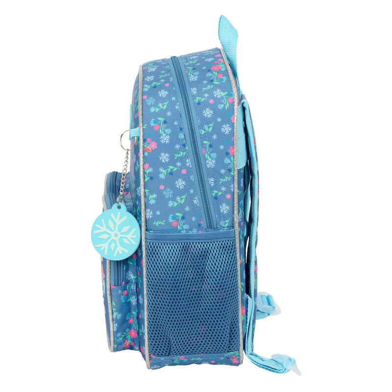 Mochila Frozen Disney azul con Elsa y Anna, bolsillos frontales y estampado floral - 3