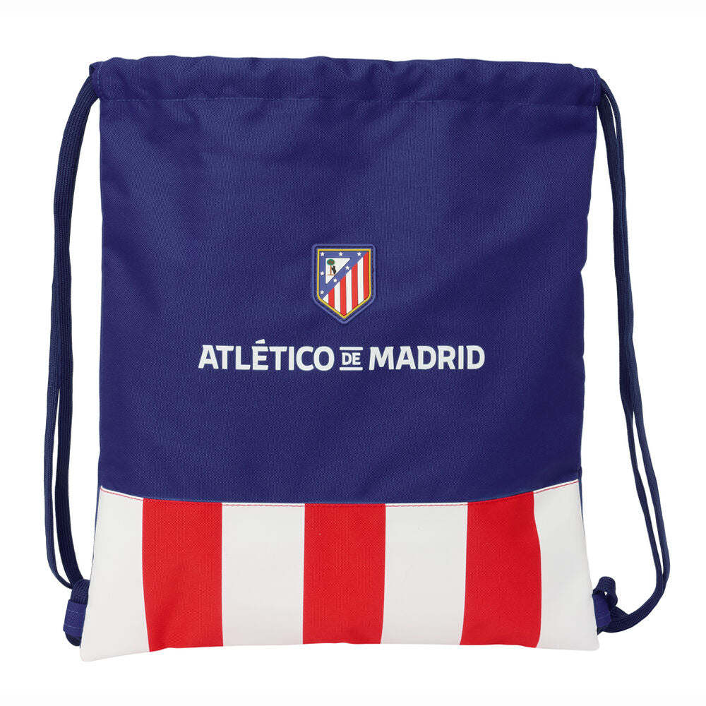 Saco azul del Atlético de Madrid con franjas rojas y blancas