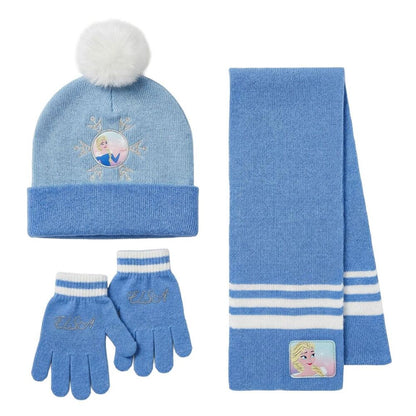 Conjunto azul de gorro, guantes y bufanda Frozen con detalles de Elsa