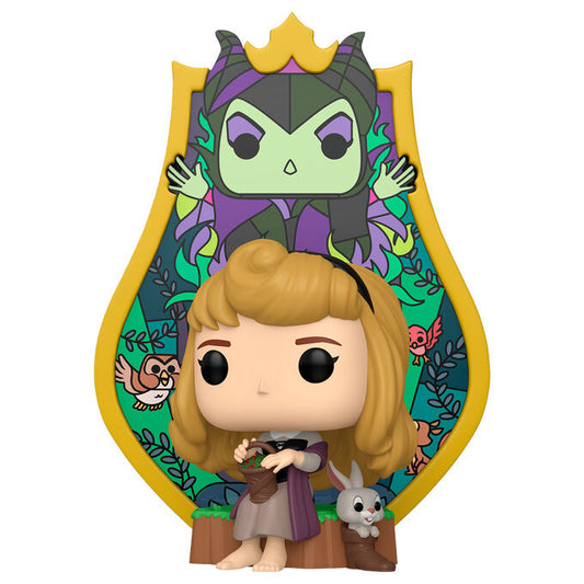 Figura Funko POP! Deluxe de Aurora y Maléfica con fondo tipo vidriera