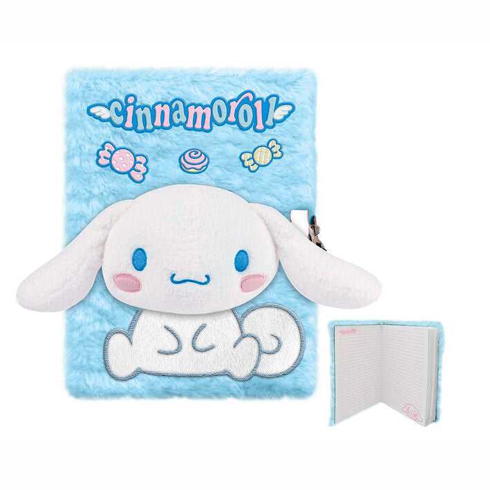 Cuaderno de peluche A5 azul con diseño de Cinnamoroll Hello Kitty