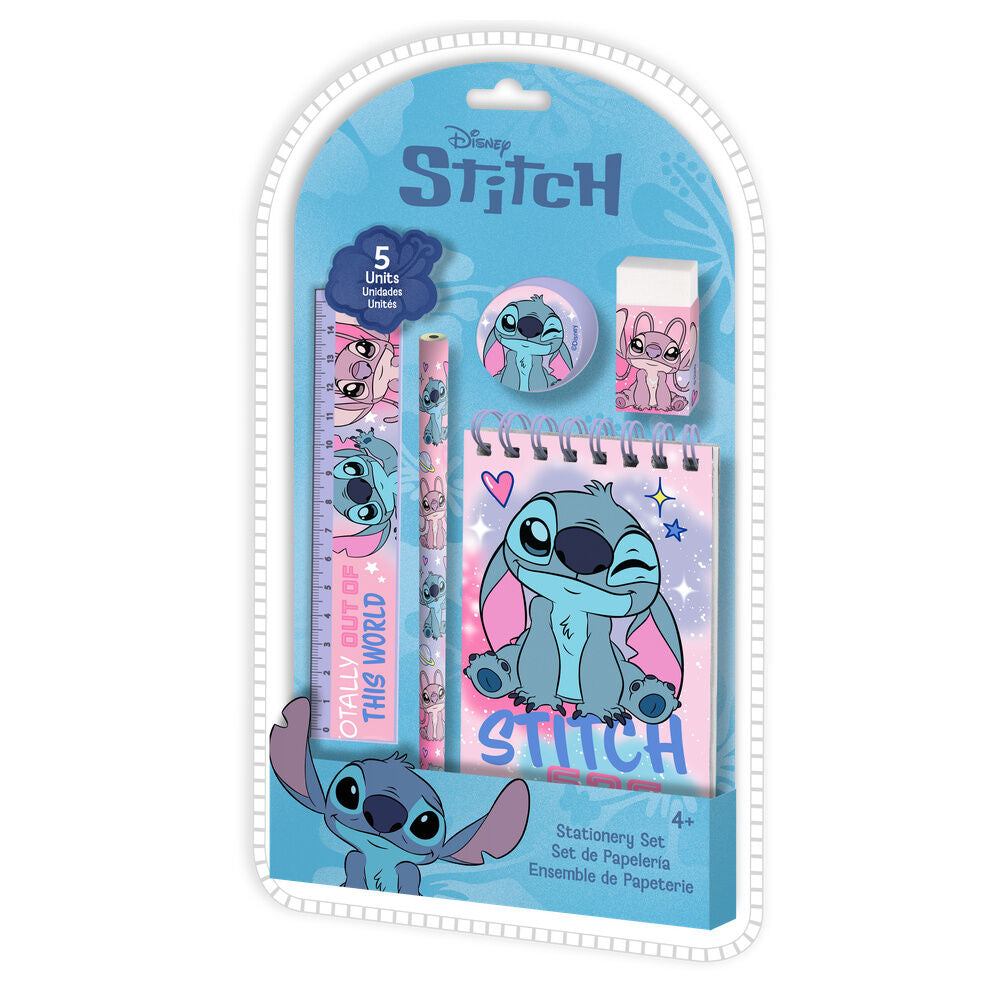 Set de papelería Disney Stitch de 5 piezas en azul y rosa