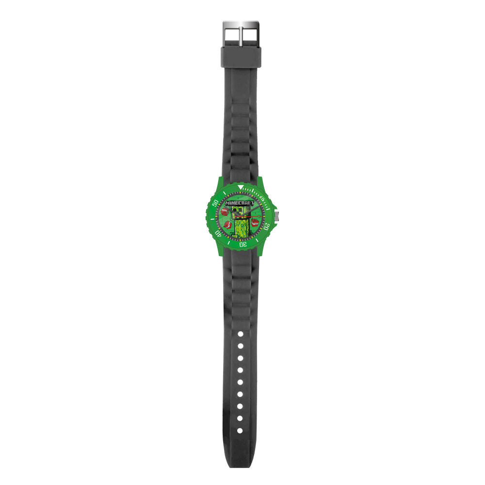 Reloj analógico Minecraft con correa negra y esfera verde
