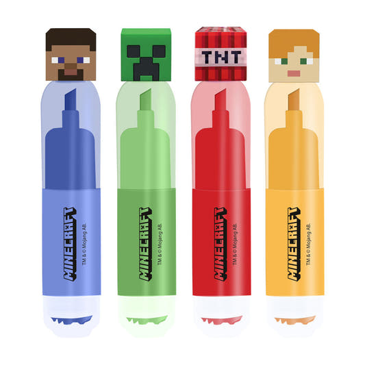 Blíster con cuatro subrayadores Minecraft en azul, verde, rojo y amarillo