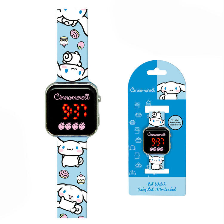 Reloj LED Cinnamoroll Hello Kitty con correa azul ilustrada