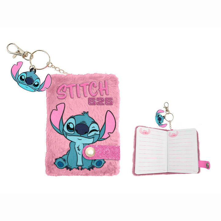 Cuaderno A7 rosa de peluche con bolígrafo y diseño de Stitch Disney