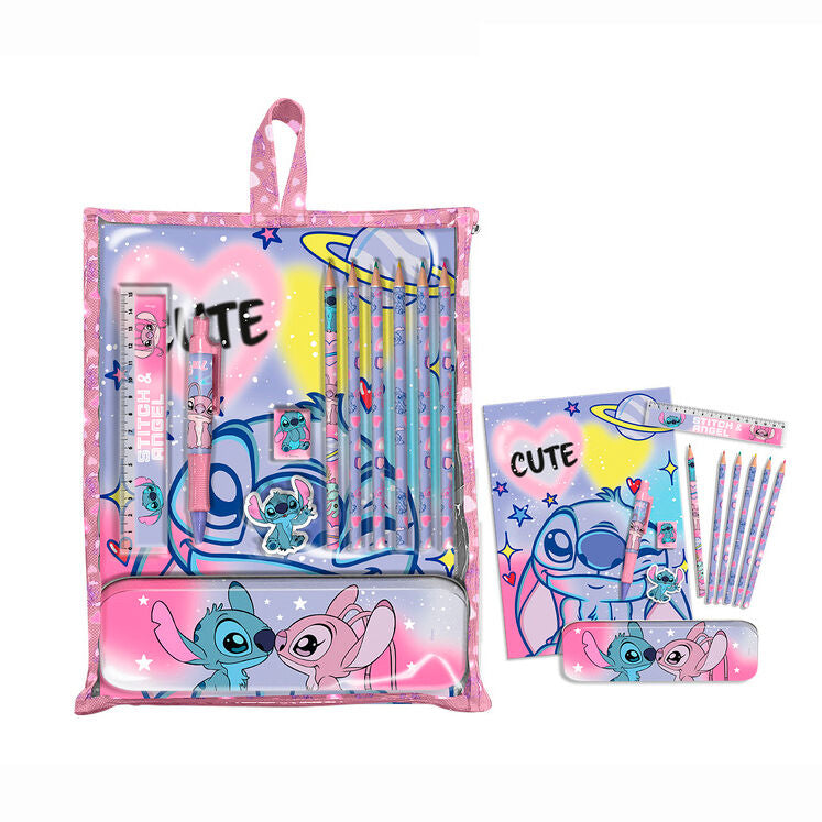 Set de papelería Disney Stitch con lápices, regla y estuche rosa y azul