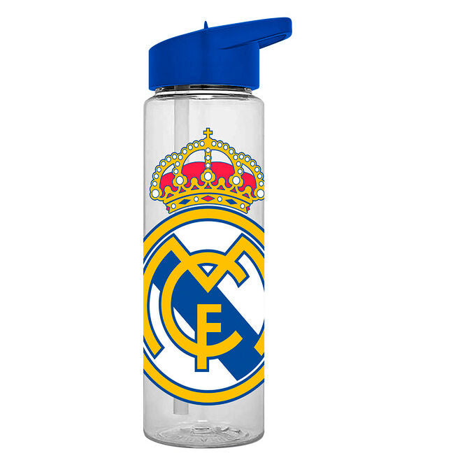 Cantimplora Real Madrid de 600 ml con cuerpo transparente y tapón azul