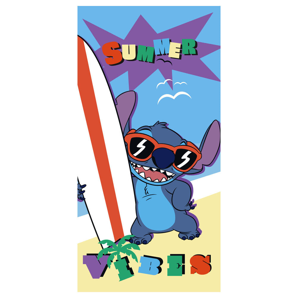 Toalla Disney de Stitch con gafas de sol y tabla de surf