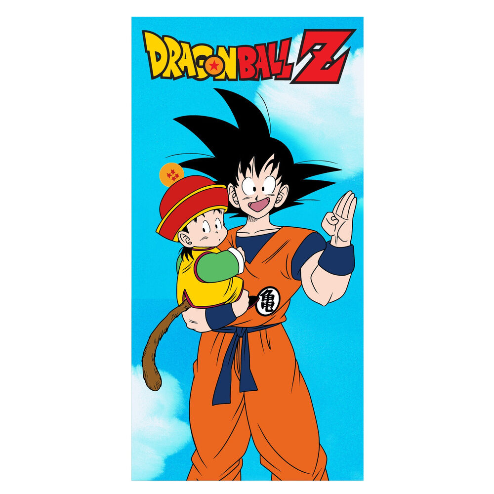 Toalla Dragon Ball Z con Goku y Gohan sobre fondo azul