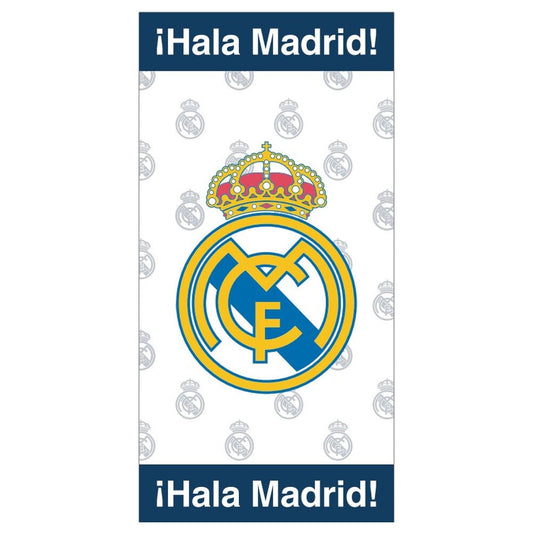 Toalla Real Madrid blanca y azul con escudo y mensaje ¡Hala Madrid!