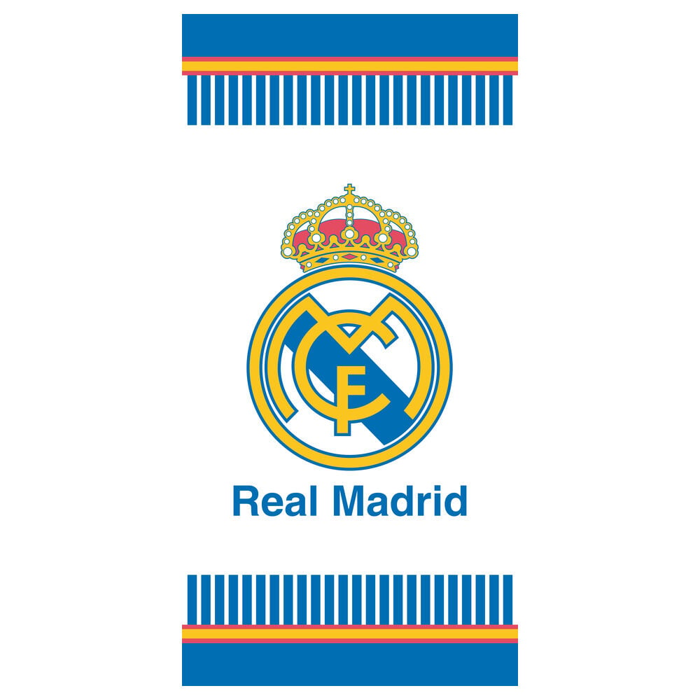 Toalla azul de microfibra del Real Madrid con escudo y franjas