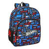 Mochila escolar Hot Wheels SAFTA negra con detalles azules y rojos