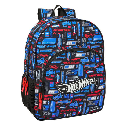 Mochila escolar Hot Wheels SAFTA negra con detalles azules y rojos