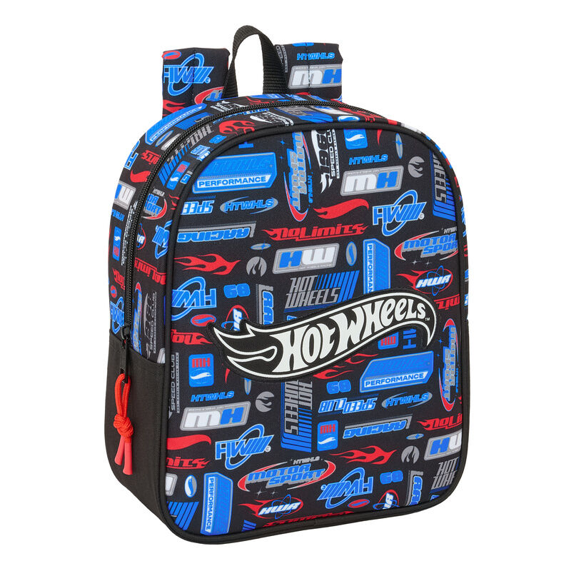 Mochila Hot Wheels SAFTA negra de 27 cm con estampado azul y rojo