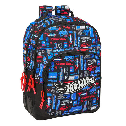 Mochila Hot Wheels SAFTA negra con estampado azul y rojo