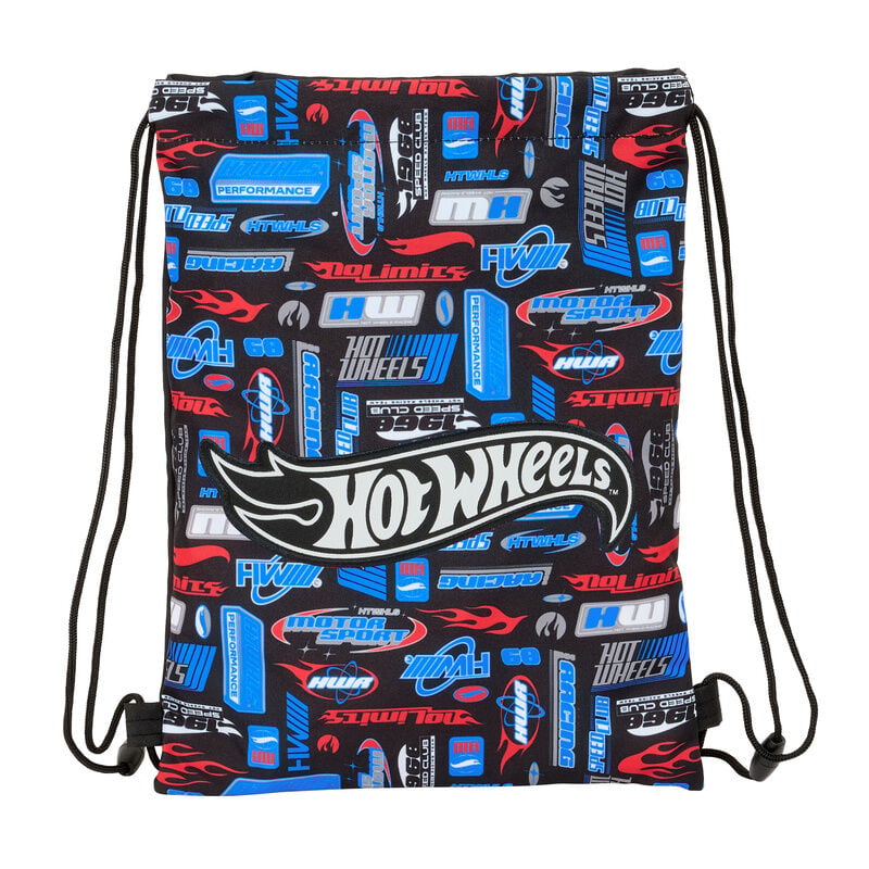 Saco Hot Wheels negro de 34 cm con estampado de carreras