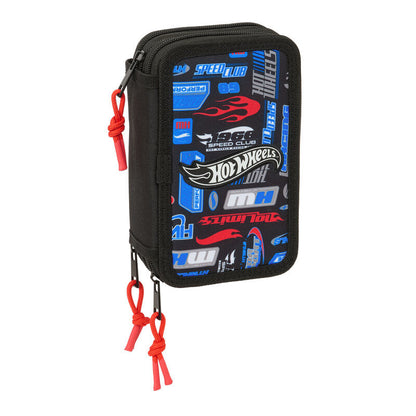 Plumier triple Hot Wheels SAFTA negro con detalles azules y rojos