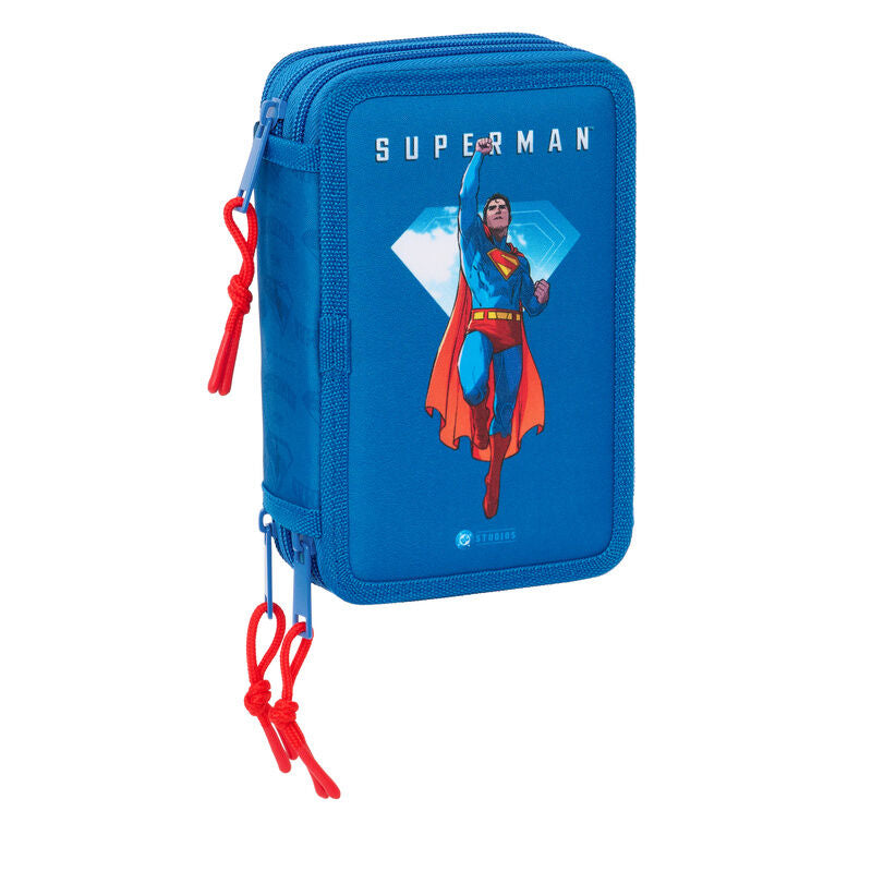 Plumier triple azul de Superman DC Comics con material escolar