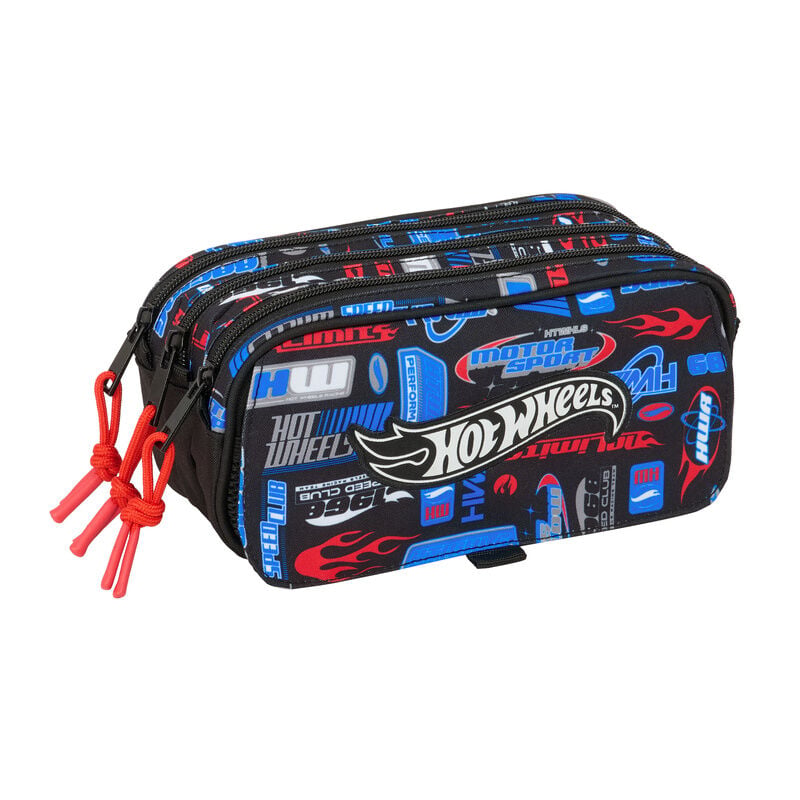 Portatodo triple Hot Wheels SAFTA negro con compartimentos y cremalleras
