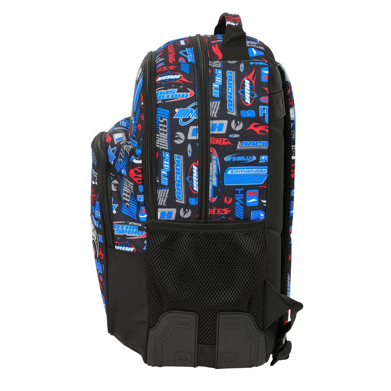 Mochila Hot Wheels SAFTA negra con estampado azul y rojo - 3