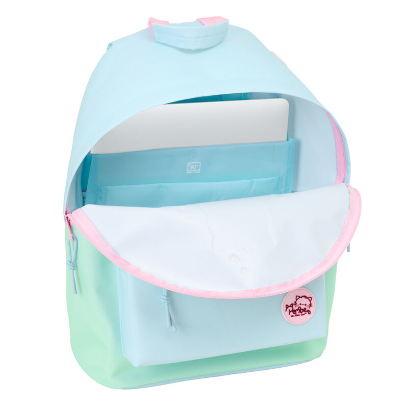 Mochila SAFTA Pembe The Pink Cat azul y verde con gatos rosas - 4