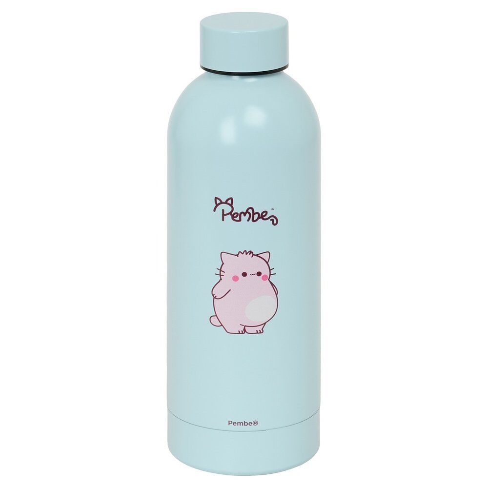 Botella termo Pembe The Pink Cat de acero inoxidable en azul claro
