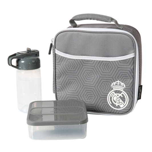 Bolsa térmica gris del Real Madrid con tupper y botella